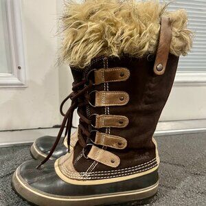 Sorel Joan Of Arctic Brown Black Tan Faux Fur Winter Snow Ski Boots